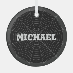 Black gray spider web Halloween Your Custom name Glass Ornament