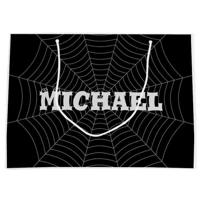Black gray spider web Halloween Your Custom name Large Gift Bag (Front)