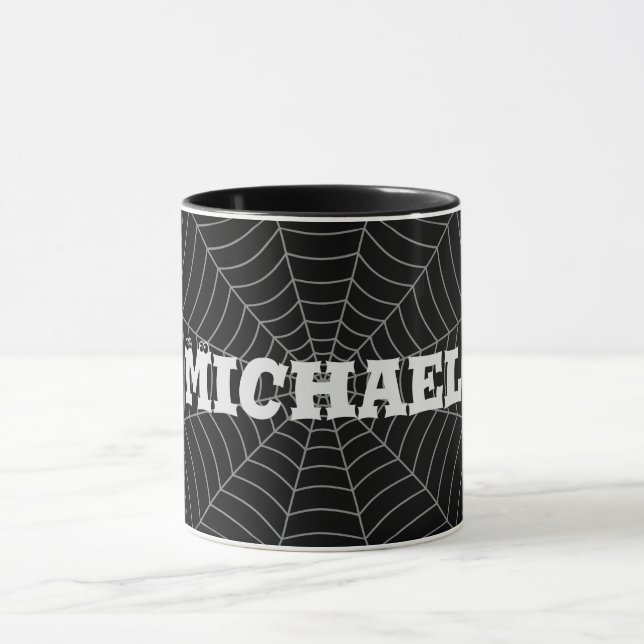 Black gray spider web Halloween Your Custom name Mug (Center)