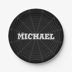 Black gray spider web Halloween Your Custom name Paper Plates