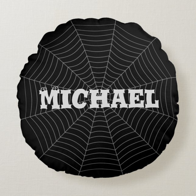 Black gray spider web Halloween Your Custom name Round Pillow (Front)