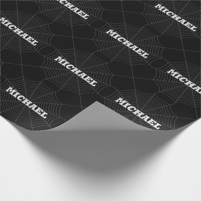 Black gray spider web Halloween Your Custom name Wrapping Paper (Corner)
