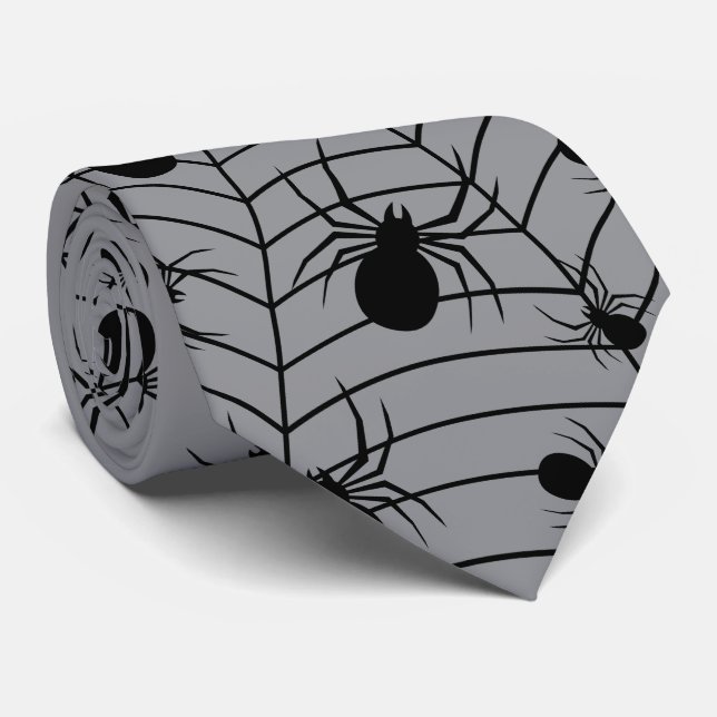 Black Gray spiders spiderweb Halloween pattern Neck Tie (Rolled)