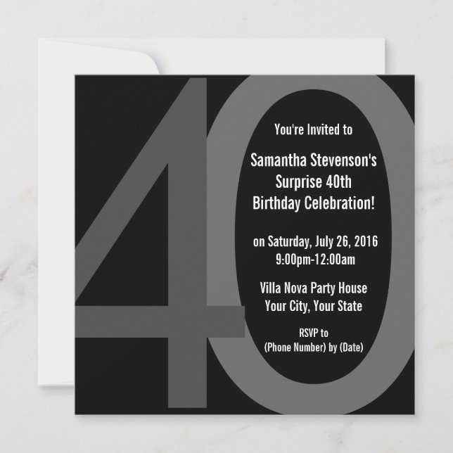 Black/Gray Square Big 40 Birthday Party Invitation (Front)