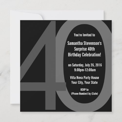 Black/Gray Square Big 40 Birthday Party Invitation