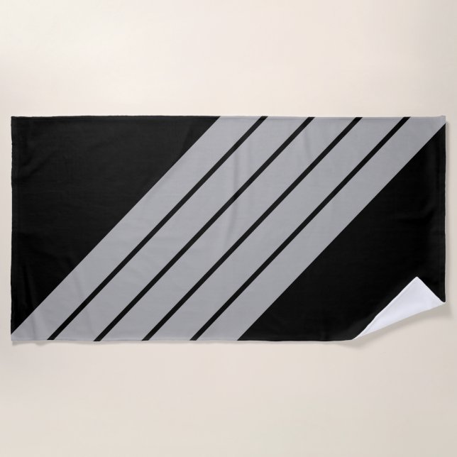 Black Gray Striped 70s 80s Retro Racing Stripes Beach Towel (Front)