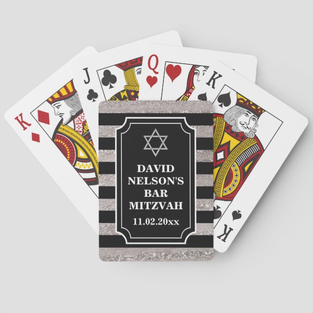 Black, Gray Striped Bar Mitzvah Playing Cards (Back)