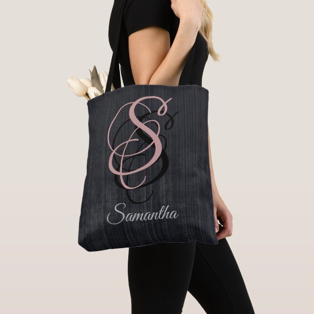 Black Gray striped rustic monogram Tote Bag (Close Up)