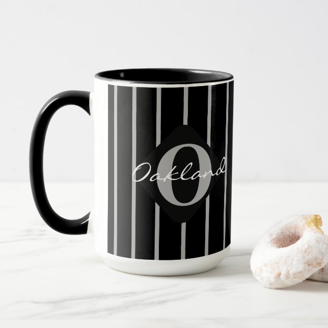 Black & Gray Stripes Coffee Mug-Oakland Mug (With Donut)