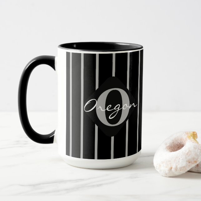 Black & Gray Stripes Coffee Mug-Oregon Mug (With Donut)