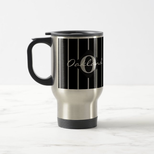 Black & Gray Stripes Travel Coffee Mug-Oakland Travel Mug (Left)