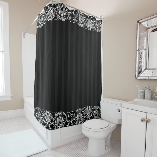 Black & Gray Stripes & White Vintage Lace Shower Curtain (In Situ)