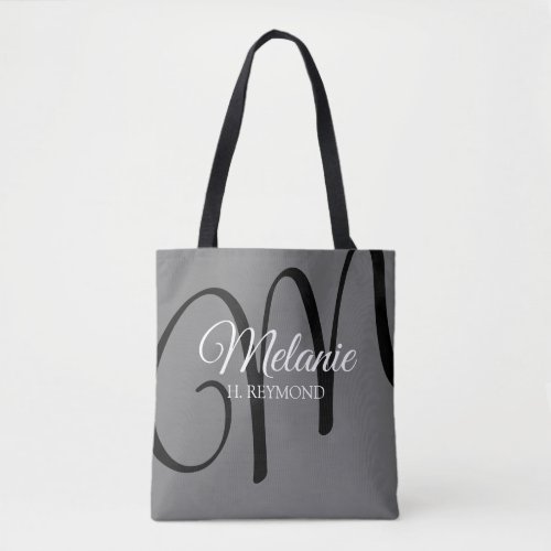 black  gray stylish tote bag with her name