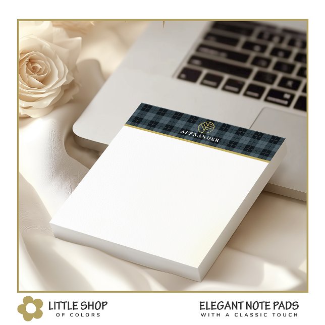 Black Gray Tartan Customizable Gold Logo Monogram Notepad (Creator Uploaded)