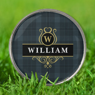Black Gray Tartan Plaid Elegant Monogram Golf Ball Marker