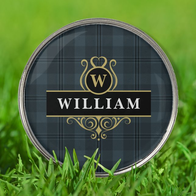 Black Gray Tartan Plaid Elegant Monogram Golf Ball Marker (Creator Uploaded)