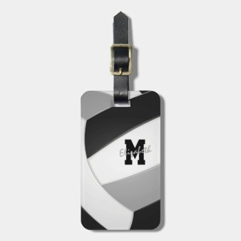 Black Gray Team Colors Monogrammed Volleyball Luggage Tag by katz_d_zynes at Zazzle