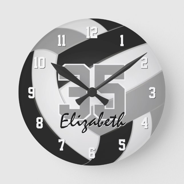 black gray team colors players name volleyball round clock (Front)