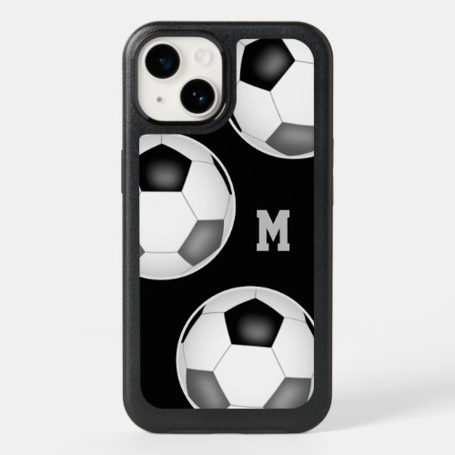black gray team colors soccer balls monogrammed OtterBox iPhone 14 case