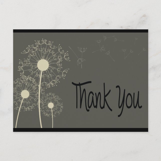 Black & Gray Thank You Dandelion Floral  Post Card (Front)