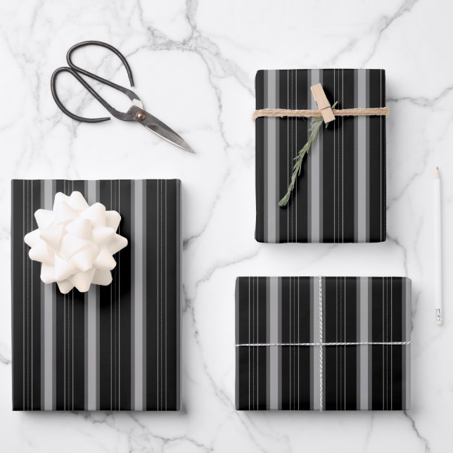 Black & Gray Thick and Thin Stripes Wrapping Paper Sheets (Front)