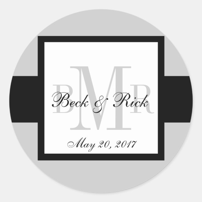 Black Gray Three Monograms Wedding Label (Front)