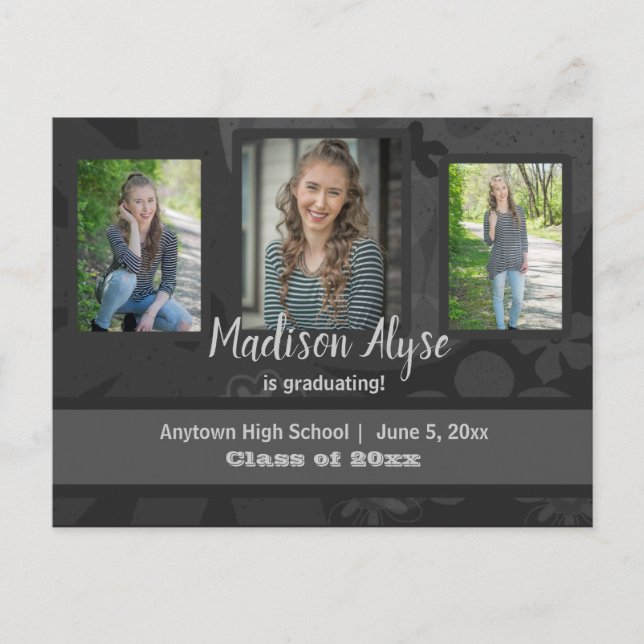 Black / Gray Three Photo Graduation Save the Date Postcard (Front)