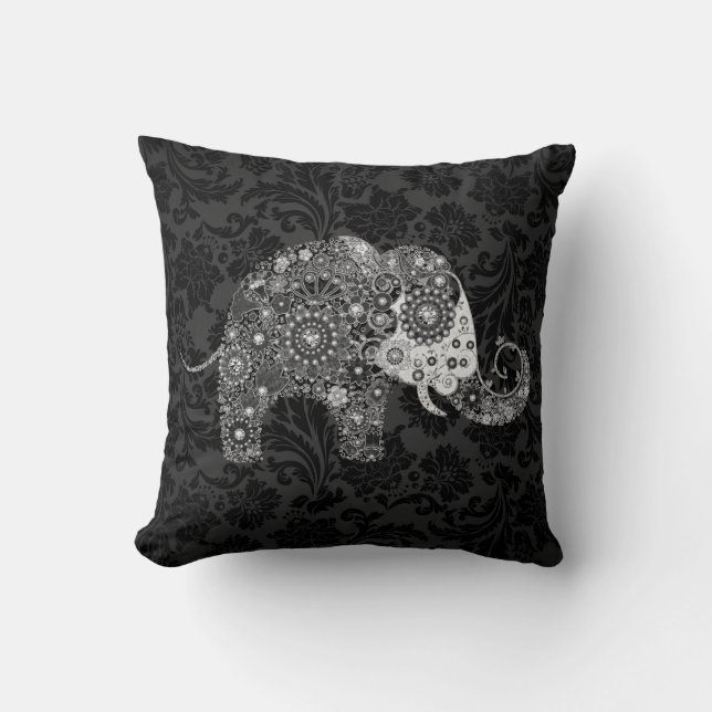Black & Gray Tones Retro Floral Elephant Throw Pillow (Front)