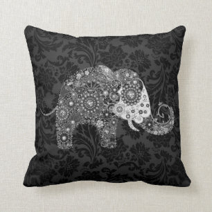 Black & Gray Tones Retro Floral Elephant Throw Pillow