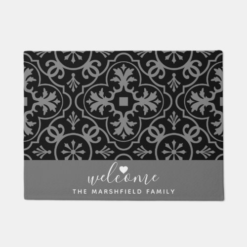 Black Gray Trendy Pattern Welcome Heart Family Doormat