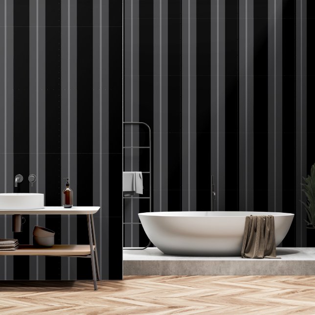 Black Gray Ultra Wide Six Inch Awning Stripe Wallpaper (Bathroom)