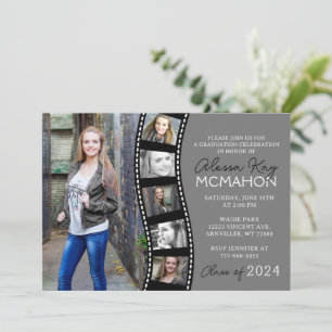 Black & Gray Unique Filmstrip 6 Photo Graduation Invitation