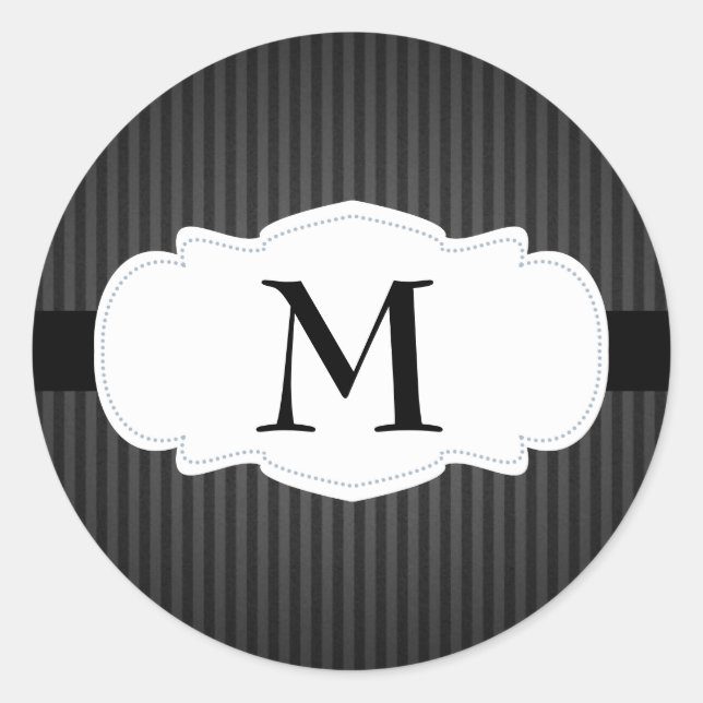 Black & Gray Vertical Stripes Monogram Classic Round Sticker (Front)