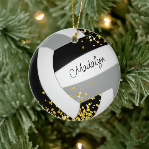 black gray volleyball with tiny gold stars ceramic ornament
