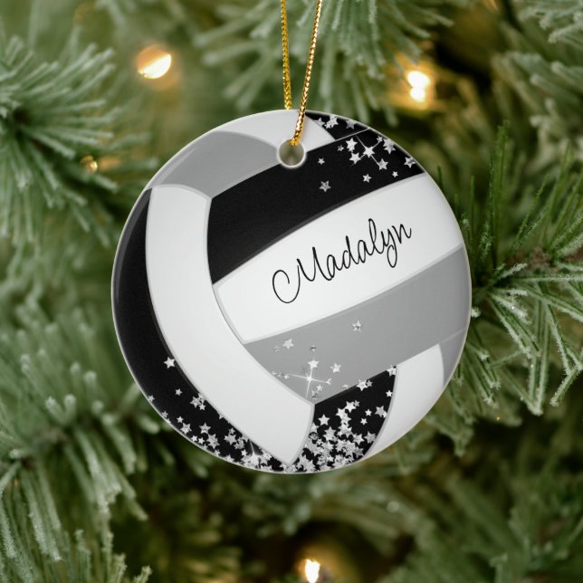 black gray volleyball with tiny silver stars ceramic ornament (Tree)