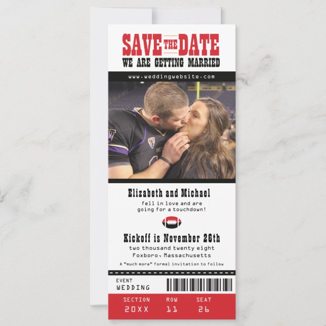 Black Gray Wedding Save the Date Football Ticket (Front)