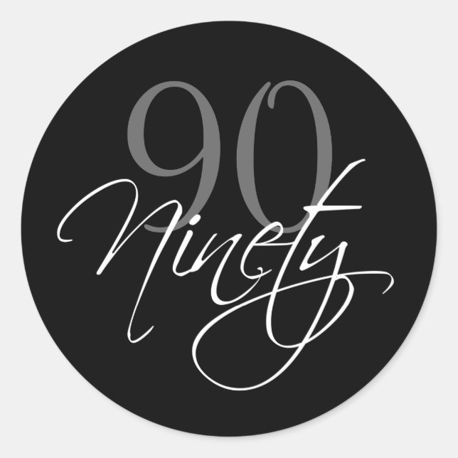 Black Gray White 90th Birthday Party Classic Round Sticker (Front)