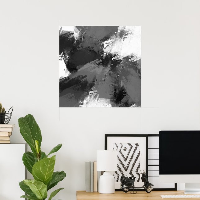 Black Gray White Abstract Modern Brushstrokes Poster (Home Office)