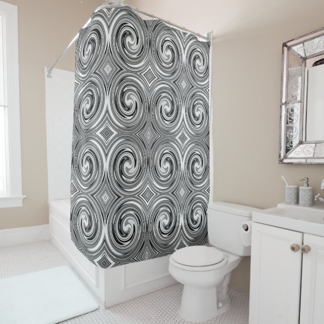 Black Gray White Abstract Swirl Pattern Shower Curtain (In Situ)