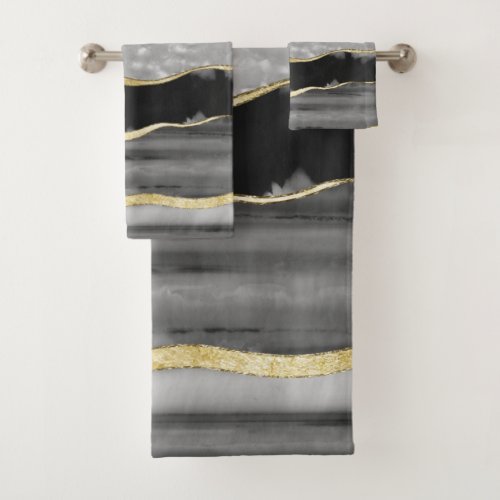 Black Gray White Agate Gold Stripe Glam 1 gem   Bath Towel Set