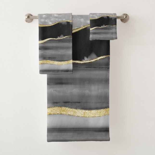 Black Gray White Agate Gold Stripe Glam #1 #gem   Bath Towel Set (Insitu)