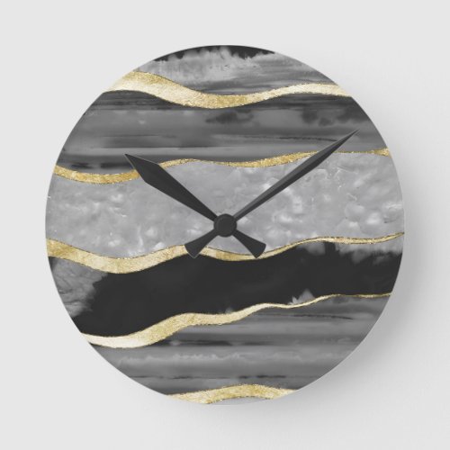 Black Gray White Agate Gold Stripe Glam 1 gem   Round Clock