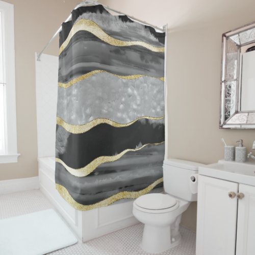 Black Gray White Agate Gold Stripe Glam 1 gem   Shower Curtain