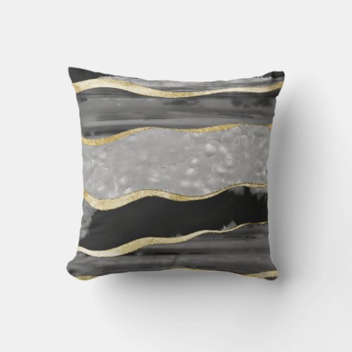 Black Gray White Agate Gold Stripe Glam 1 gem Throw Pillow
