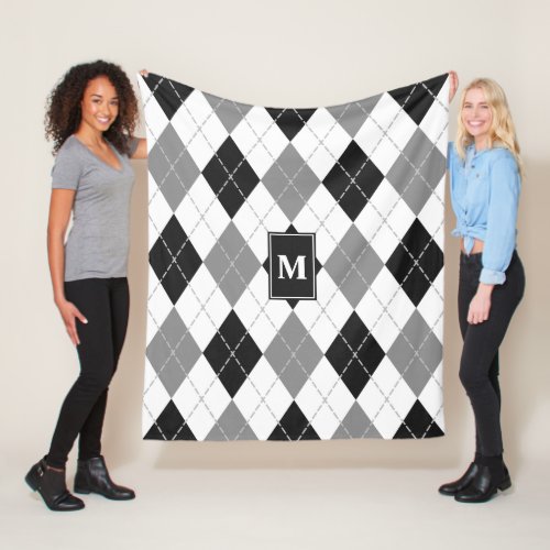 black gray white argyle plaid monogrammed fleece blanket