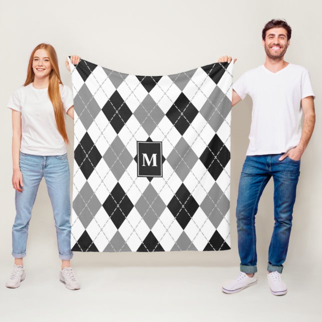 black gray white argyle plaid monogrammed fleece blanket (In Situ)