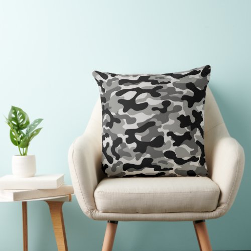 Black Gray White Camo Pattern  Throw Pillow