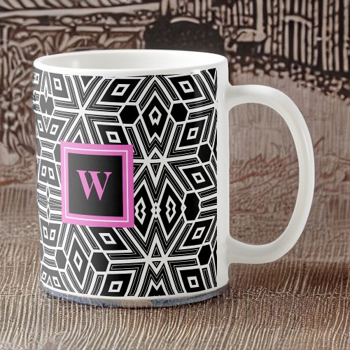 Black Gray White Cubism Neo Geo with Pink Monogram Coffee Mug