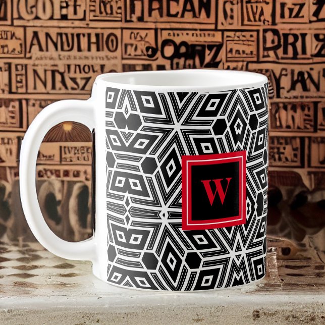 Black Gray White Cubism Neo Geo with Red Monogram  Coffee Mug (Creator Uploaded)