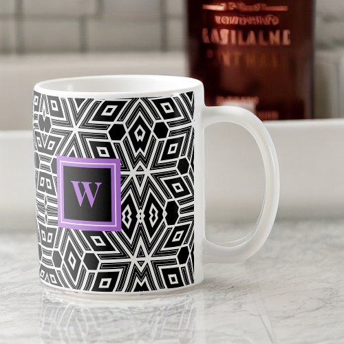 Black Gray White Cubism with Purple Monogram Coffee Mug